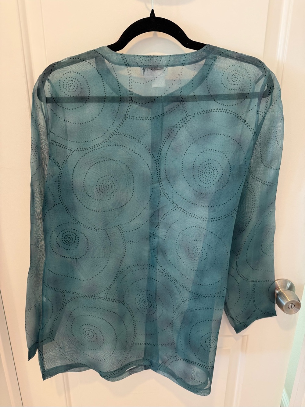 100% silk DUE per DUE Teal Sheer Button-Front Blouse - Picture 5 of 6